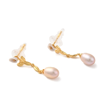 Sterling Silver Dangle Earrings, with Natural Pearl, Jewely for Women, Teardrop, Real 18K Gold Plated, 30x6mm