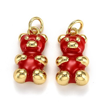 Real 18K Gold Plated Brass Pendants, with Enamel and Jump Rings, Long-Lasting Plated, Bear, Red, 17.5x9x5mm, Jump Ring: 5x1mm, 3mm Inner Diameter