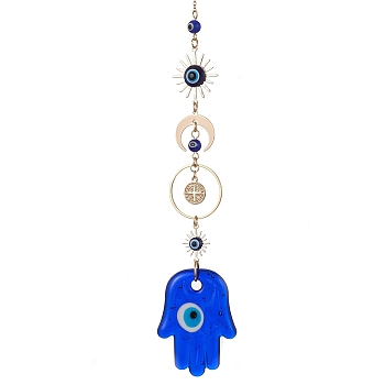 Blue Evil Eye Lampwork Pendant Decorations, with Brass Star/Moon Link, Hanging Ornaments, Hamsa Hand, 228mm