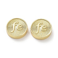 Rack Plating Eco-Friendly Brass Beads, Long-Lasting Plated, Lead Free & Cadmium Free, Flat Round with Word Fe, Real 18K Gold Plated, 15x4mm, Hole: 1.6mm(KK-Z036-02B-G)