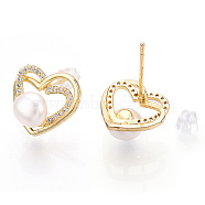 Hollow Heart Clear Cubic Zirconia Stud Earrings with Natural Pearl, Brass Earring with 925 Sterling Silver Pins, Real 18K Gold Plated, 13x14.5mm, Pin: 12x0.8mm(PEAR-N020-06L)