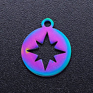Ion Plating(IP) 201 Stainless Steel Charms, Flat Round with Star, Rainbow Color, 14x12x1mm, Hole: 1.5mm(STAS-Q201-JN180)