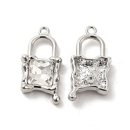 Glass Padlock Pendants, with Platinum Alloy Finding, Long-Lasting Plated, Cadmium Free & Lead Free, Clear, 26.5x13.5x5.5mm, Hole: 1.8mm(PALLOY-E024-17P-02)