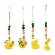 Crafans 4Pcs 4 Style Easter Theme Plastic Hen & Rabbit Pendant Decorations, with Hemp Rope & Wooden Beads, Yellow, 240~282mm, 1pc/style(HJEW-CF0001-16A)