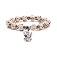 Wood & Synthetic Hematite Beaded Stretch Bracelet with Alloy Angel Charms, Religion Jewelry for Women, Antique Silver, Inner Diameter: 2-1/4 inch(5.7cm)(BJEW-JB08489)