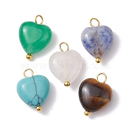 Natural & Synthetic Mixeed Gemstone Heart Charms, with Copper Wire Loops, Golden, 14.5x10x5mm, Hole: 2.3mm(PALLOY-JF02493-01)