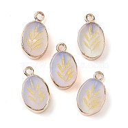 Opalite Pendants, Golden Plated Brass Oval Charms with Leaf, 17.5x10.5x5mm, Hole: 1.6mm(G-C102-08E-G)