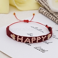 Adjustable Nylon Cord Braided Bead Bracelets, with Glass Seed Beads, with Word HAPPY, Red, 11 inch(28cm)(BJEW-C011-14A)