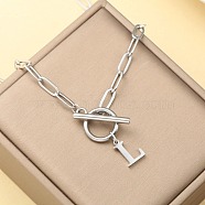 Stainless Steel Paperclip Chain Initial Necklaces with OT Clasps, Stainless Steel Color, Letter L, 18.11 inch(46cm)(WGD6039-12)