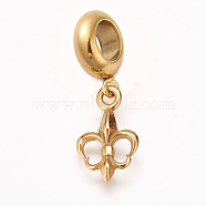 304 Stainless Steel European Dangle Charms, Large Hole Pendants, Fleur De Lis, Antique Golden, 26mm, Hole: 5mm, Pendant: 16x10x3mm(OPDL-K001-08AG)