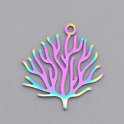 Ion Plating(IP) 201 Stainless Steel Pendants, Laser Cut, Coral Shape, Rainbow Color, 23.5x22x1mm, Hole: 1.8mm(STAS-S105-LA543)
