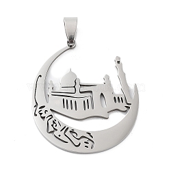 201 Stainless Steel Pendants, Laser Cut, Islamic Mosque Crescent Moon Charm, Stainless Steel Color, 40x35x1.5mm, Hole: 9x5mm(STAS-A090-07P)