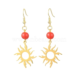 201 Stainless Steel with Acrylic Dangle Earring, Sun, Red, for Women, Golden, 60x24mm(EJEW-JE05929)