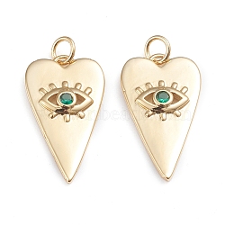 Brass Micro Pave Cubic Zirconia Pendants, with Jump Rings, Long-Lasting Plated, Heart with Evil Eye, Real 18K Gold Plated, Green, 24.5x13.5x3mm, Jump Ring: 5x0.8mm, 3.2mm Inner Diameter(ZIRC-I042-01A)