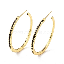 Cubic Zirconia C-shape Stud Earrings, Real 18K Gold Plated, Rack Plating Brass Half Hoop Earrings for Women, Cadmium Free & Lead Free, Black, 35x2mm, Pin: 0.8mm(EJEW-I266-11G-05)