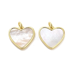 Brass Pave Shell Pendants, Heart Charms with Jump Ring, Real 18K Gold Plated, 15x16.5x2.5mm, Hole: 3.5mm(KK-K365-08B-G)