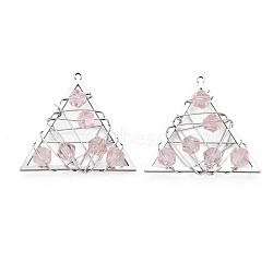 201 Stainless Steel Pendants, with Faceted Pink Glass Beads, Wire Wrapped, Triangle, Stainless Steel Color, 24x25.5x5mm, Hole: 1mm(STAS-S057-43)
