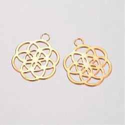 Brass Filigree Pendants, Flower, Golden, 24x20x0.5mm, Hole: 3mm(KK-D522-02G)