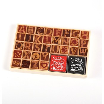 Fancy Majuscule Wooden Stamp Sets, 11x17x3cm, about 32pcs/box