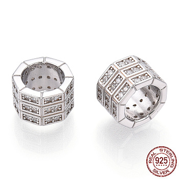 Rhodium Plated 925 Sterling Silver Micro Pave Cubic Zirconia Beads, Octagon Column, Nickel Free, Real Platinum Plated, 9x9x6mm, Hole: 6mm