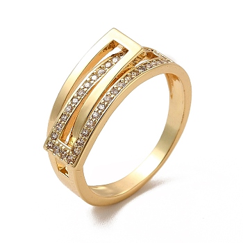 Clear Cubic Zirconia Interlocking Rectangle Finger Ring, Rack Plating Brass Jewelry for Women, Cadmium Free & Lead Free, Real 18K Gold Plated, Inner Diameter: 16mm