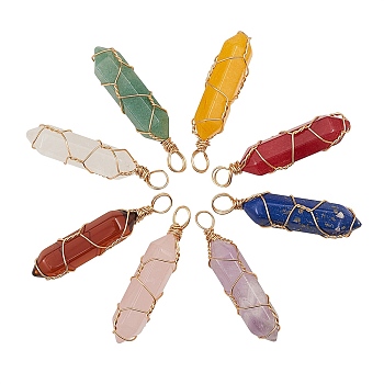 8Pcs 8 Style Natural Gemstone Pendants, with Golden Steel Wire, Hexagon Prism, Mixed Color, 43x11x11mm, Hole: 5mm, 1pcs/style