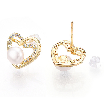 Hollow Heart Clear Cubic Zirconia Stud Earrings with Natural Pearl, Brass Earring with 925 Sterling Silver Pins, Real 18K Gold Plated, 13x14.5mm, Pin: 12x0.8mm