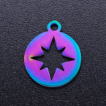 Ion Plating(IP) 201 Stainless Steel Charms, Flat Round with Star, Rainbow Color, 14x12x1mm, Hole: 1.5mm