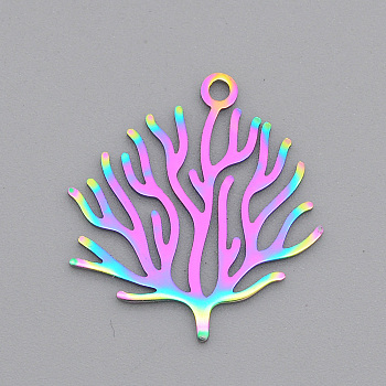 Ion Plating(IP) 201 Stainless Steel Pendants, Laser Cut, Coral Shape, Rainbow Color, 23.5x22x1mm, Hole: 1.8mm