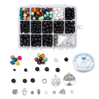 DIY Chakra Stretch Bracelet Making Kits, with Elastic Crystal Thread, Round Lava Rock Gemstone & Glass Beads, Alloy Pendants & Beads, Antique Silver