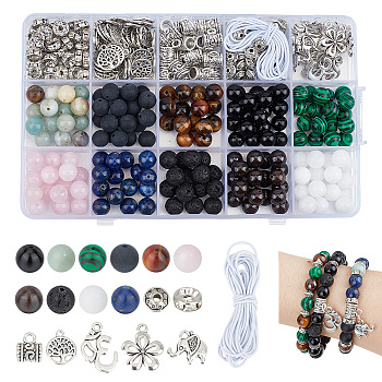 DIY Bracelet Necklace Making Kit, Inlcuidng Natural & Synthetic Mixed Gemstone Round Beads, Flower & Elephant & Aum Alloy Tube Bails & Pendants, 366Pcs/box