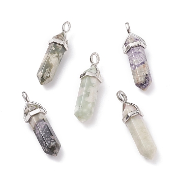 Natural Peace Jade Pointed Pendants, with Platinum Tone Brass Findings, Bullet, 39.5x12x11.5mm, Hole: 4.5x2.8mm