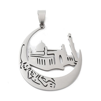 201 Stainless Steel Pendants, Laser Cut, Islamic Mosque Crescent Moon Charm, Stainless Steel Color, 40x35x1.5mm, Hole: 9x5mm