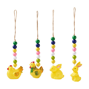 Crafans 4Pcs 4 Style Easter Theme Plastic Hen & Rabbit Pendant Decorations, with Hemp Rope & Wooden Beads, Yellow, 240~282mm, 1pc/style