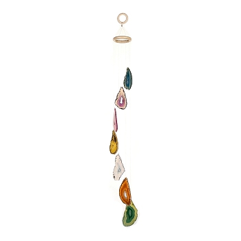 Chakra Natural Dyed Agate Piece Hanging Ornament, Wind Chime, with Wood Ring, for Home Decor, Colorful, 720~750mm, Hole: 25mm