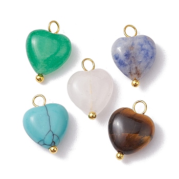 Natural & Synthetic Mixeed Gemstone Heart Charms, with Copper Wire Loops, Golden, 14.5x10x5mm, Hole: 2.3mm