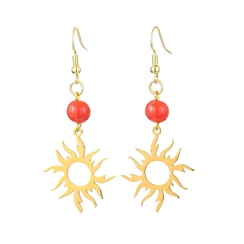 201 Stainless Steel with Acrylic Dangle Earring, Sun, Red, for Women, Golden, 60x24mm