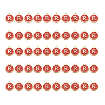 Golden Plated Alloy Charms, with Enamel, Enamelled Sequins, Flat Round, Red, Letter.R, 14x12x2mm, Hole: 1.5mm, 50pcs/Box