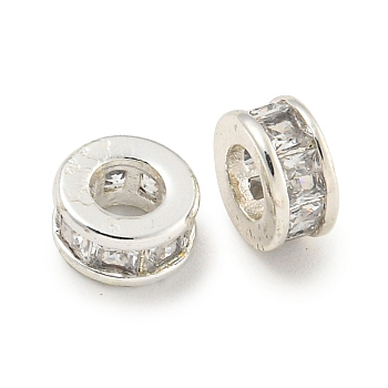 Brass Cubic Zirconia Spacer Beads, Long-Lasting Plated, Lead Free & Cadmium Free, Flat Round, Silver, 5.8x3mm, Hole: 3mm