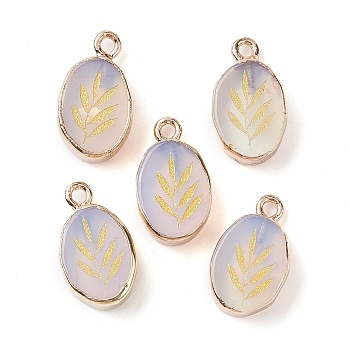 Opalite Pendants, Golden Plated Brass Oval Charms with Leaf, 17.5x10.5x5mm, Hole: 1.6mm
