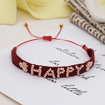 Adjustable Nylon Cord Braided Bead Bracelets, with Glass Seed Beads, with Word HAPPY, Red, 11 inch(28cm)
