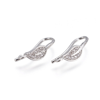 Brass Micro Pave Cubic Zirconia Earring Hooks, with Horizontal Loop, Platinum, 17x5mm, Hole: 1.4mm, Pin: 1mm