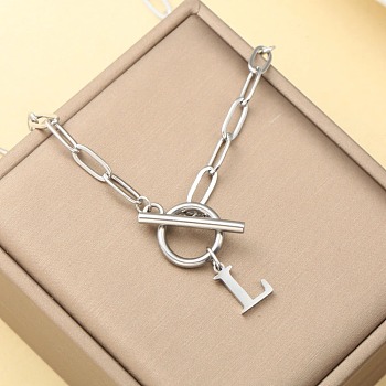 Stainless Steel Paperclip Chain Initial Necklaces with OT Clasps, Stainless Steel Color, Letter L, 18.11 inch(46cm)