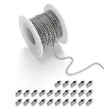 304 Stainless Steel Ball Chains and Ball Chain Connectors Set, Stainless Steel Color, 2mm, about 10m/roll