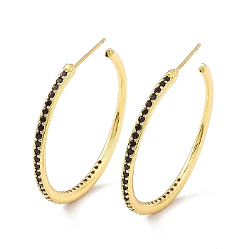 Cubic Zirconia C-shape Stud Earrings, Real 18K Gold Plated, Rack Plating Brass Half Hoop Earrings for Women, Cadmium Free & Lead Free, Black, 35x2mm, Pin: 0.8mm