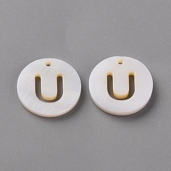 Natural Freshwater Shell Pendants, Flat Round with Letter, Letter.U, 12x1.5mm, Hole: 1mm