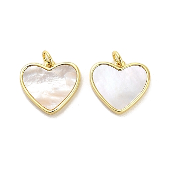 Brass Pave Shell Pendants, Heart Charms with Jump Ring, Real 18K Gold Plated, 15x16.5x2.5mm, Hole: 3.5mm