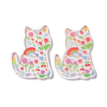 Transparent Acrylic Pendant, Cat Shape with Flower, Colorful, 38x28x2.5mm, Hole: 1.5mm