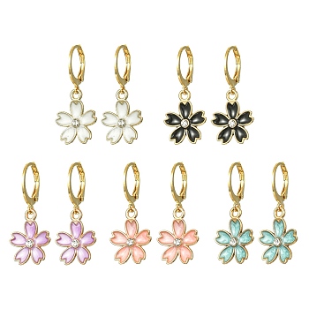 Alloy Enamel Flower Leverback Earrings, Crystal Rhinestone Sakura Dangle Earring for Women, Mixed Color, 30x13.5mm