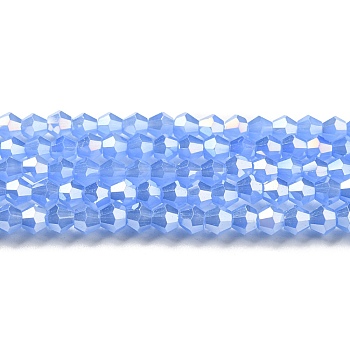 Imitation Jade Electroplate Glass Beads Strands, AB Color Plated, Faceted, Bicone, Dodger Blue, 4x4mm, Hole: 0.8mm, about 82~85pcs/strand, 12.01~12.2 inch(30.5~31cm)